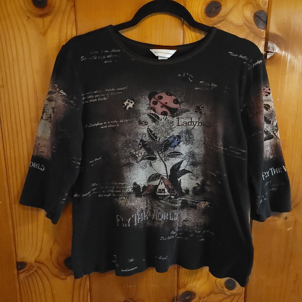 christopher & banks medium black ladybug blouse rhinestones y2k aop cottagecore